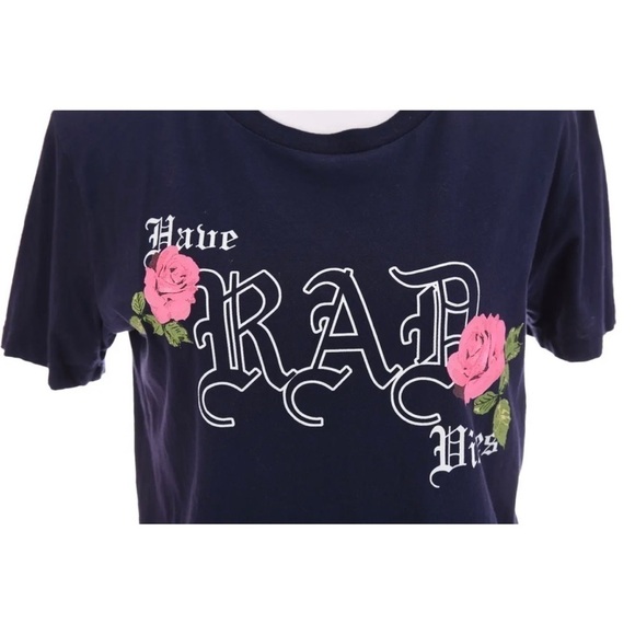 Forever 21 "Have Rad Vibes" Good Navy Blue Graphic T-Shirt Rose Boho Womens Sz M - Picture 3 of 8